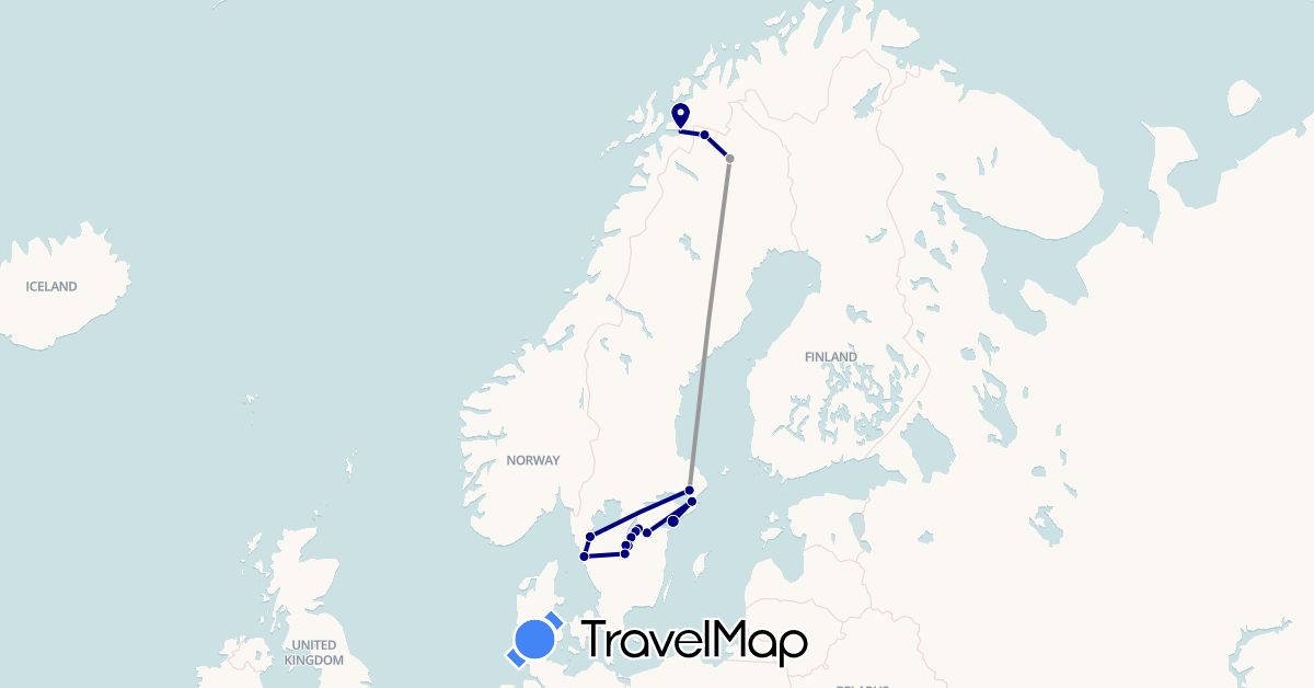TravelMap itinerary: driving, plane in Norway, Sweden (Europe)